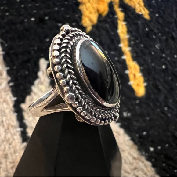 ❤️ Black Onyx Vintage Sterling Silver Rope Border Size 5.5 Ring 6.8 Gram - Picture 5 of 17